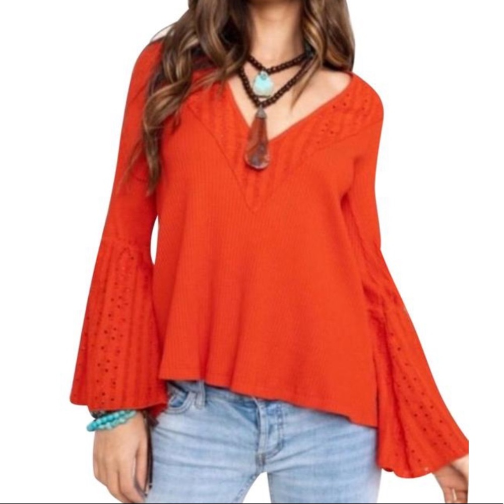 Free People Parisian Nights Red Crochet Knit Bell Sleeve Blouse